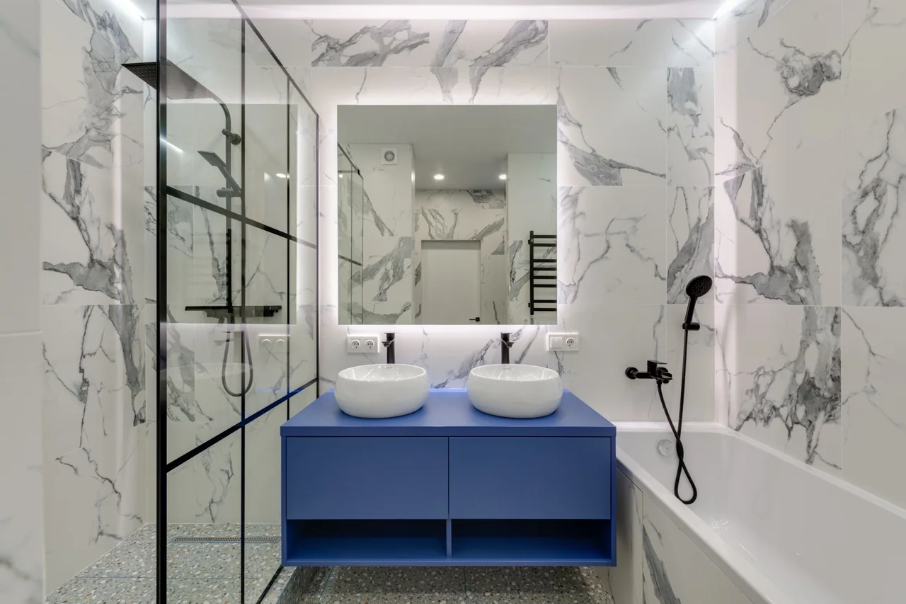 A contrast of color & stone — Bathroom Remodeling