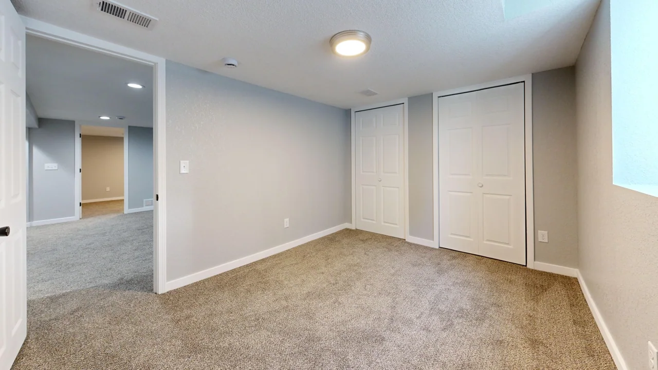 Light interior with painted walls, white trim and a large window